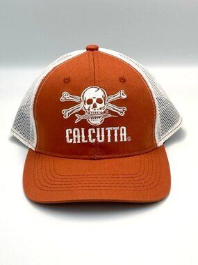 Calcutta Trucker Hat Burnt Orange & White Mesh Jolly Roger Skull Crossbones Fish